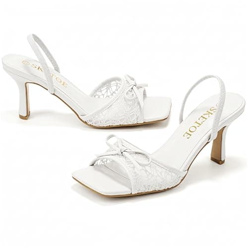 SKETOE Bow Kitten Heels for Women Square Toe Mesh Sandals Knots Heels for Wedding Party thumbnail 5
