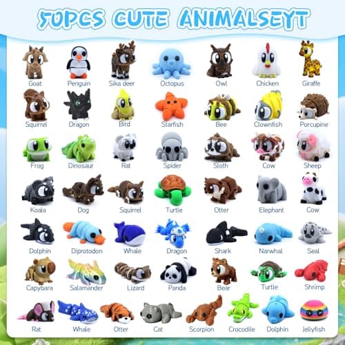 YoukkbbL 50 Pcs Mini 3D Printed Animals Figurines Set, 3D Printed Toys for Kids, Easter Basket Stuffers for Boys and Girls, School Classroom Prizes, Party Favors, Flexible Articulated Fidget Toys thumbnail 2