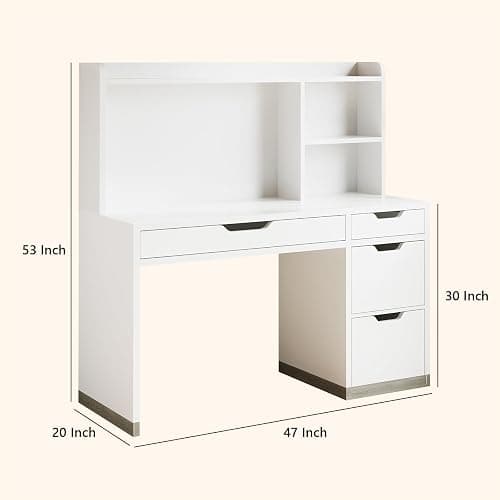 MaverickFurni White Desk with Hutch and Drawers, 53 Inch Computer Desk with Storage File Drawer, White Study Desk with 4 Drawers for Bedroom, Small Space thumbnail 2