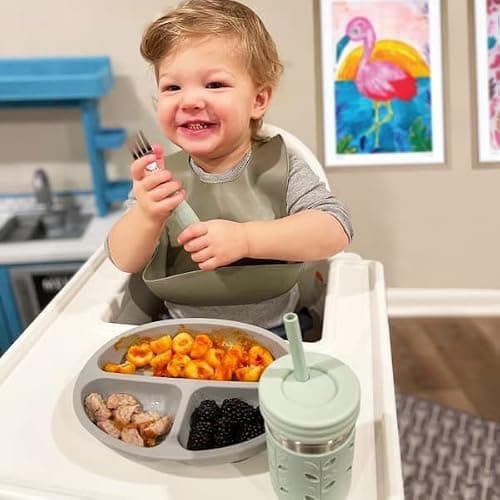 Elk and Friends Silicone Suction Plate for Babies/Toddlers + Stainless Steel Silverware Feeding Set | Divided Plate | Suction Design | Forks + Spoons Included | 3 Pack thumbnail 7