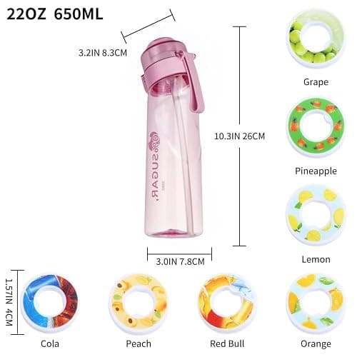 Sports Air scent Water Bottle Set 650 ML | with 12 Fruit scent Flavor pods & straw | flavored bottle in Pink，for kids, boys, girls | no calories, sugar-free thumbnail 2