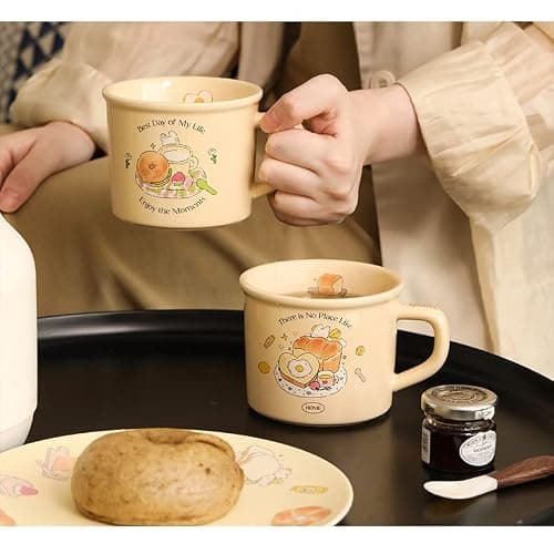TREEWOO Cute Morning Coffee Mug 380ml/12oz Kawaii Bunny and Toast Bagel Household Ceramics Latte Milk Tea Cup for Boys Girls Kids Daughter Son Home Family (Toast) thumbnail 4