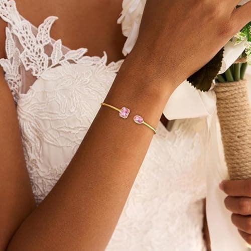 Diorra Birthday Gifts for Women, Birthstone Bangle Bracelets for Women | 14K Gold Plated Cuff Bangle Bracelet Non Tarnish Waterproof Jewelry Gifts thumbnail 5