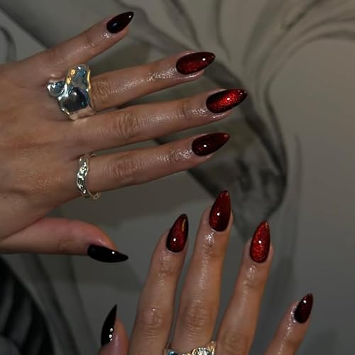 KQueenest Dark Red Press on Nails Cat Eye, Burgundy Glitter Press on Nails Almond Medium, Sparkly Shiny Fake Nails Set, Cute Bling Glue on Nails Medium for Women Christmas, Gothic Design, 30 Pcs thumbnail 3