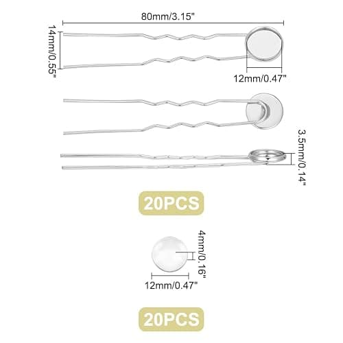 UNICRAFTALE 20 Sets U Shape Hairpins Platinum Round Bezel Tray Blank Hair Pins Brass DIY Cabochon Hair Pins Supplies with Glass Cabochons 12mm Tray Hair Clips 80mm Long Hair Fork for Jewelry Making thumbnail 3