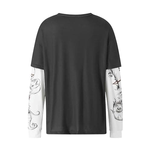 Women's Long Sleeve Tops Vintage Round Neck Skull Print Loose Grunge Shirts Pullover Harajuku Y2K Streetwear - K-black - L thumbnail 4
