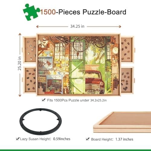 ALL4JIG 1500 Pieces Rotating Puzzle Board with 4 Drawers and Cover,25"x34" Portable Wooden Jigsaw Puzzle Table for Adults,Lazy Susan Spinning Puzzle Boards Birthday Gift for mom thumbnail 2