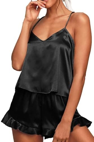 CHYRII Women's Sexy Silk Satin Ruffled Pajamas Sets Cami Shorts Sets Sleepwear thumbnail 6