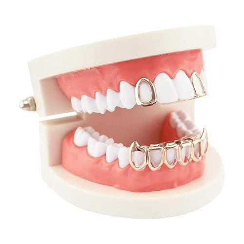 Huliyhus 18K Gold Plated Hip Hop Teeth Grillz Caps Open Face 2pcs Single Top and Bottom Grills for Your Teeth Grillz Set for Men Women - Rose Gold thumbnail 2