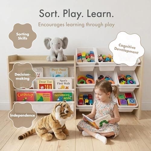 Humble Crew Toy Storage Organizer with Book Shelf and Top Shelf, 9 Removable Storage Bins for Kids Playroom, Toy Organization, Solid Wood, Natural/White thumbnail 6