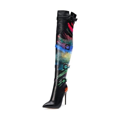 XYD Women Stiletto Heel Over The Knee Boots with Zip Pointed Toe Buckled Strappy Thigh High Sexy Night Club Shoes - Image 1
