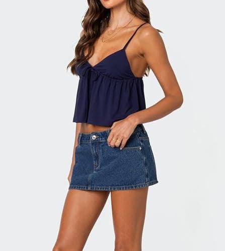 Women Y2k Babydoll Cami Top Spaghetti Strap V Neck Tie Tank Tops Summer Going Out Ruffle Hem Crop Camisole thumbnail 4