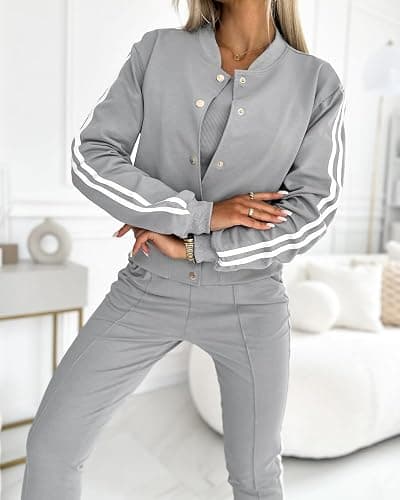 CHICME Women's Three Piece Outfits Striped Tape Patch Tank Tops Bomber Jacket with Sporty Pants Tracksuit Lounge Sets thumbnail 3