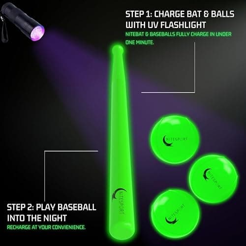 NiteSport Glow in The Dark Plastic Baseball Bat w/ 3 Glow in The Dark Plastic Baseballs Bundle UV Flashlight Included (Electric Lime) thumbnail 4