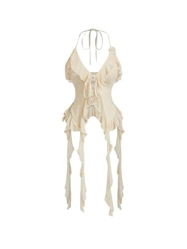 WDIRARA Women's 3D Flower Tie Front Ruffle Trim Halter Top Tie Backless Camisole - Image 1