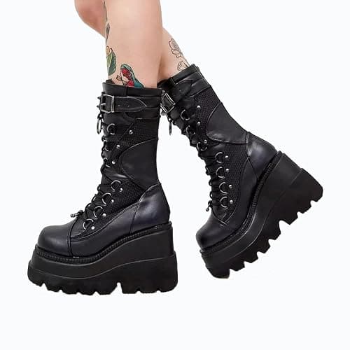 XYKHUI Womens Gothic Punk Platform Boots Chunky Wedge Heel Combat Boots Lace-Up and Zipper Round Toe Mid Calf Motorcycle Boot thumbnail 2