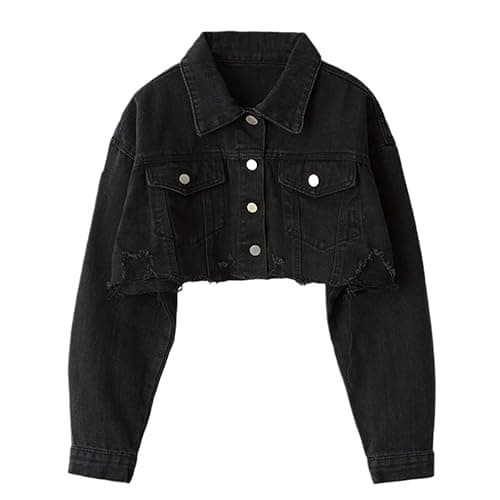 Spring Women's Denim Jacket Fashion Street Casual Loose Jacket Black Short Ripped Jeans Jacket Black M - Image 1