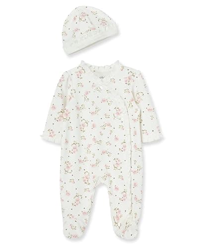 Little Me Clothes for Baby Girls 100% Cotton Scratch-Free Tag Footed One-Piece Romper and Hat Sleeper Set Preemie to 9 Months - Image 1
