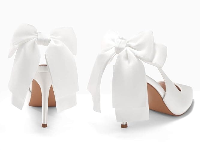 Coutgo Womens Slingback High Heels with Bow Closed Pointed Toe Wedding Bride Dress Shoes Satin Pumps thumbnail 6