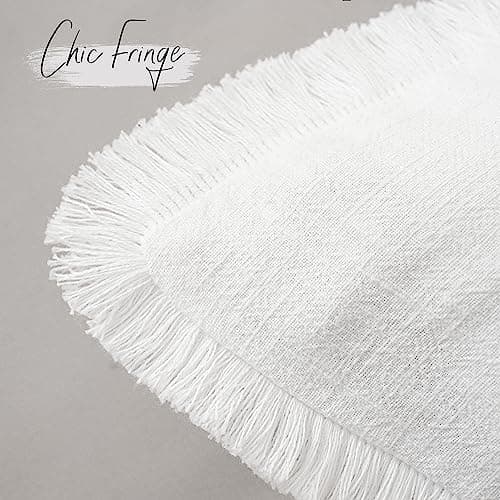 Foindtower Set of 2 Decorative Linen Fringe Throw Pillow Covers Cozy Boho Farmhouse Cushion Cover with Tassels Soft Accent Pillowcase for Couch Sofa Bed Living Room Home Decor,22×22 Inch,White thumbnail 3