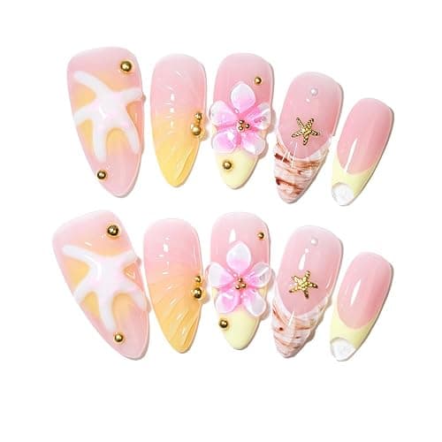10 Pcs Handmade Reusable Press-On Nails - 3D Starfish, Flower & Gold Accents, Pastel Pink Almond Shape, Gradient Yellow-Pink Base | For Women & Girls, Daily & Party Use(StarfishA17, M) - Image 1