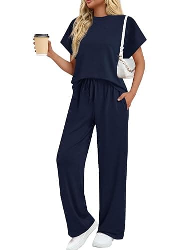 Tankaneo Womens 2 Piece Lounge Sets Short Sleeve Tops Wide Leg Pants Set Casual Matching Vacation Travel Outfits - Image 1