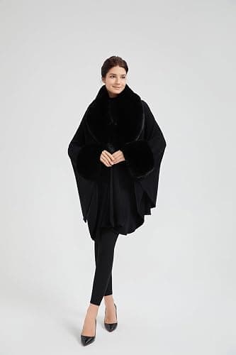 SUFCOMOU Women Cape Poncho with Fur Trim Winter Faux Fur Shawl Wrap Coat Sleeveless Cardigan Cloak (Black) thumbnail 4
