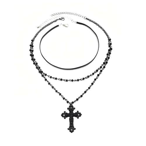 ZDPIQ Gothic Layered Cross Choker Necklace Black beaded Cross Pendant Choker Gothic Punk Emo Grunge Necklaces Christmas Halloween Costume Jewelry Gift for Women - Image 1