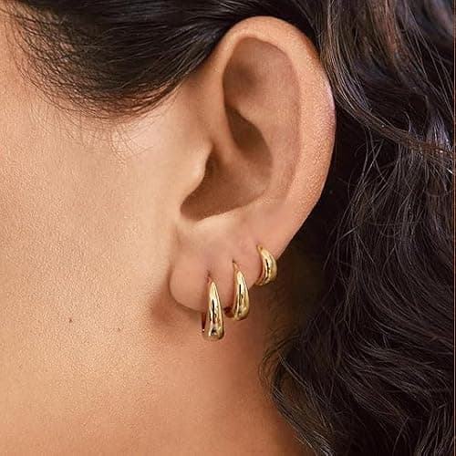 3 Pairs Gold Chunky Hoop Earrings Stantement Huggie Earrings Minimalist Triple Hoops Small Earrings Set Trendy Hypoallergenic Stacks Huggie Jewelry Everyday Wear Earrings thumbnail 6