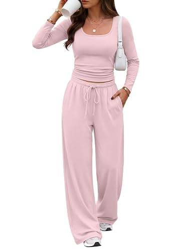 Trendy Queen Womens 2 Piece Lounge Set Fall Fashion Matching Travel Outfits | Airport Style, 2026 Winter Clothing, Scoop Neck Ruched Top & Wide Leg Pants With Pockets, Casual Comfy Cute Sweat Sets - Image 1