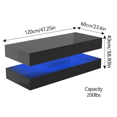 Uspeedy 47.3in Large High Glossy LED Coffee Table with 2 Storage Drawers,Black/White Modern Coffee Tables for Living Room,Living Room Tables,APP LED Lights (Black) thumbnail 9