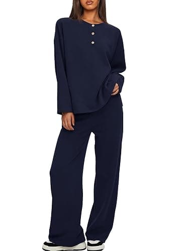 Darong Two Piece Outfits for Women Fall Lounge Sets Button Down Sweatshirt Wide Leg Pants Sweatsuits Set with Pockets - Image 1