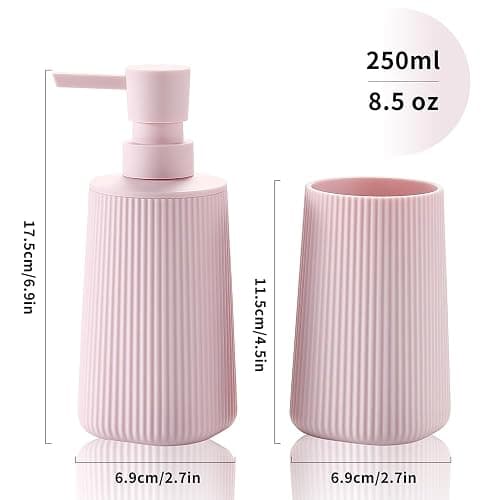 YAUKPH Bathroom Accessories 2 Piece Soap Dispenser and Toothbrush Holder Set Striped Pink thumbnail 3