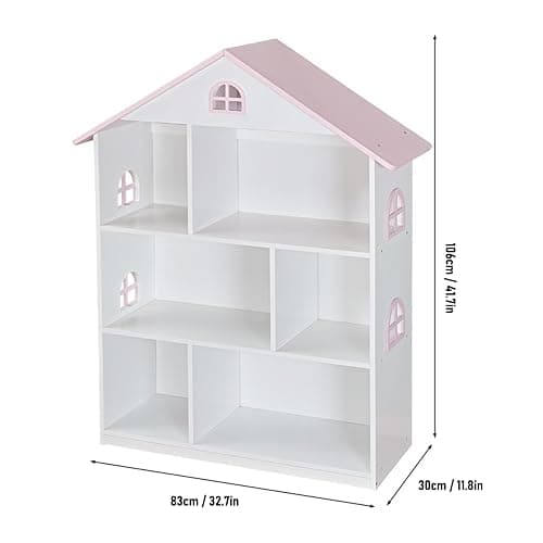 Wooden Dollhouse Bookshelf 4-Tier Kids Bookcase, Toy Storage Organizer & Playhouse with 6 Compartments for Girls Boys, Pink and White Room Furniture for Bedroom Playroom thumbnail 2