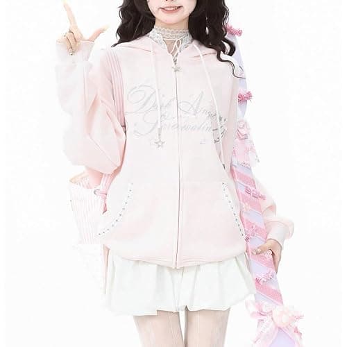 Xojbzoo Y2K Kawaii Bow Lace Trim Zip Hoodie Oversized | Lace trim hood & pockets, adjustable drawstring bows, coquette aesthetic, black blue pink colors, soft cotton blend thumbnail 5