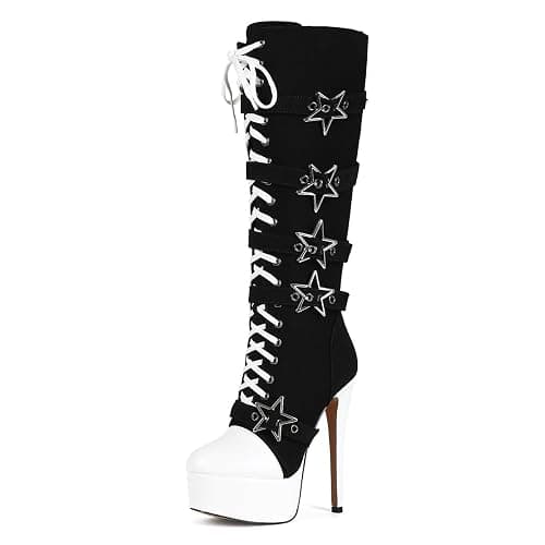 Feinlina Wome's Canvas Lace Up Knee High Platform Stiletto Heel Boots | fashion round toe,stripper platform heels,club party booties,balck thigh high boots - Image 1