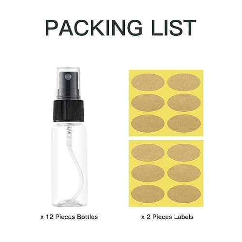 LISAPACK 1oz Small Spray Bottle (12 Pack), Mini Travel Size Plastic Sprayer | 30ml empty atomizer bulk, fine mist, clear water pump, refillable watercolor mister set, portable spritzer, leak proof, TSA thumbnail 7