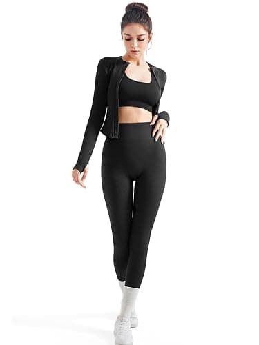 SUUKSESS Women 2 Piece Seamless Ribbed Workout Sets With Zip Up Jacket High Waisted Gym Yoga Leggings thumbnail 7