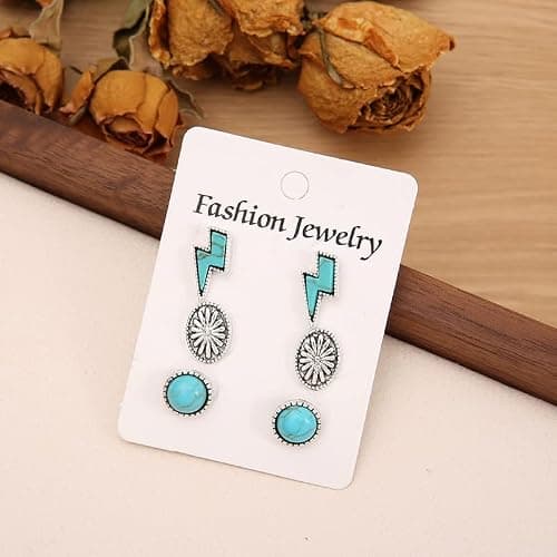 Western Earrings for Women Natural Turquoise Earrings Western Jewelry Lightning Bolt Stud Earrings Set 80s 90s Accessories - Turquoise set thumbnail 3