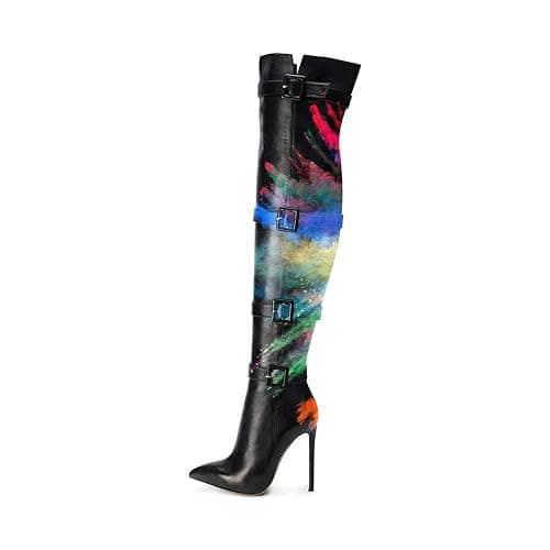XYD Women Stiletto Heel Over The Knee Boots with Zip Pointed Toe Buckled Strappy Thigh High Sexy Night Club Shoes thumbnail 2