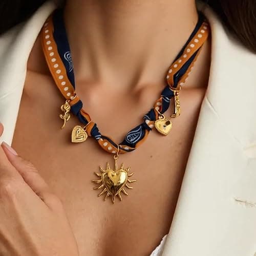 Klyxosh Scarf Necklace with Charm, Bandana Necklace with Gold Dainty Pendants - Chunky Cross, Heart, Flower, Conch, Boot, Cowboy Hat, Boho Beach Vintage Scarf Necklaces, Stylish Jewelry Gift thumbnail 2