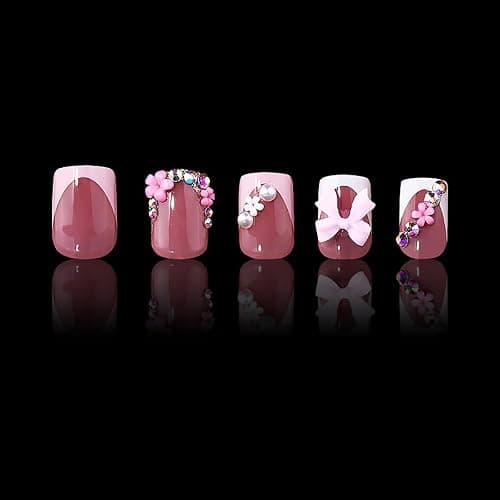 24Pcs Pink French Tip Press on Nails Short Square Fake Nails with Flower Bow Nail Charms Rhinestones Glue on Nails Cute Bows False Nails Artificial Acrylic Nails for Women Manicure Tips Decor - Bow Style-28 thumbnail 4