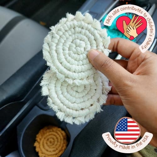 Cotton Car Coasters for Cup Holders, 2PC Car Cup Coasters, Drink Coaster Holder, Cute cupholder Coaster Accessories for Women, Macrame, Boho (Vanilla White) - Vanilla White thumbnail 3