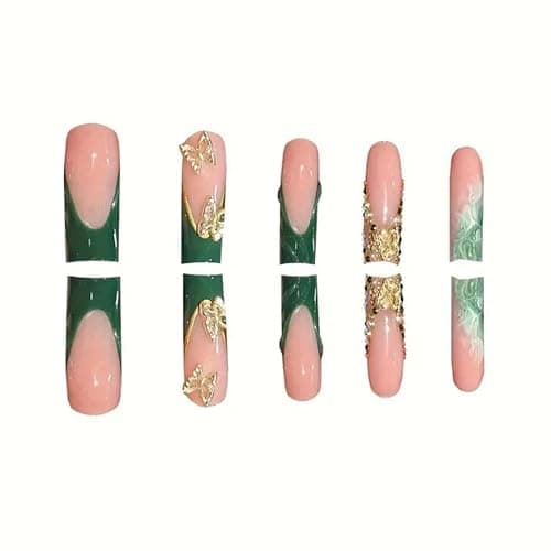 YoYoee Press on Nails -Luxury Long Fake Nails Coffin False Nails French Green Nails Butterfly Tips for Women and Girls 24Pcs thumbnail 4