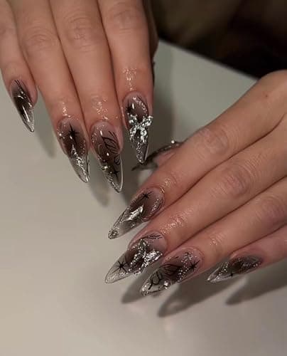 MouyouGlow Press on Nails Mittellang,Almond Sheer Schwarz 3D Schmetterling Star Print Y2K Fake Nails mit Nagelkleber,Gothic Künstliche Fingernägel thumbnail 2