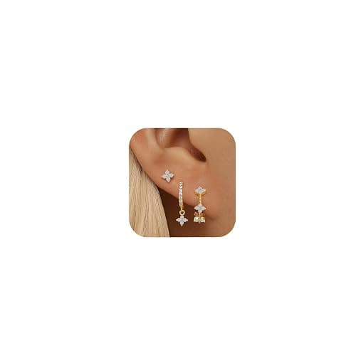 QUINBY Dainty Opal Earrings Dangle Hoop Earrings For Women,Hypoallergenic Earring Sets For Multiple Piercing,14k Gold Plated Earring Stacks For Sensitive Ears - Golden - Image 1