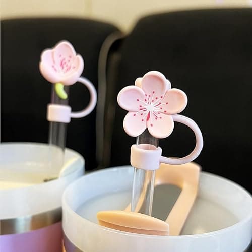 Meitesti Pfirsichblüten-Stroh-Abdeckkappe für Stanley-Becher, niedlicher Strohhalm-Aufsatz, 10 mm, 6 Stück, Silikon, personalisierbar, 6 Stück, Rosa thumbnail 4
