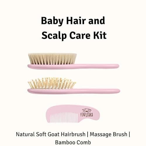 FUNFUSHKA Baby Hair Brush Set for Newborns - Baby Brush and Comb Set - Ultra Soft Goat Hair Bristles, Perfect for Cradle Cap, Newborn Showers & Registries Gift, Comb Brush for Girls & Boys (Rosa) thumbnail 2