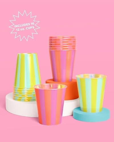 xo, Fetti Pink + Green Pool Party Plastic Cups | 16 pcs 12 oz | Summer Drinkware, Colorful Decorations, Bachelorette Party Drinks, Birthday Supplies thumbnail 3