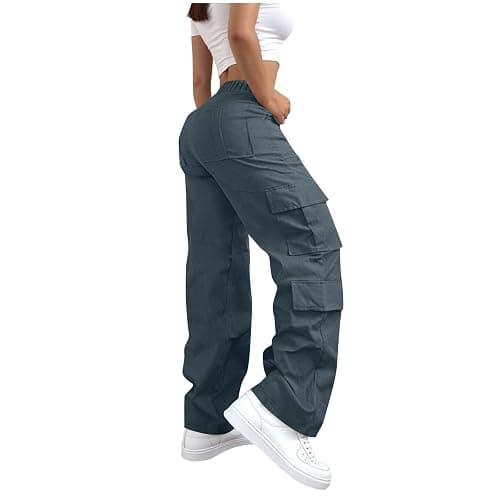 Cargo Pants for Women High Elastic Waisted Casual Baggy Wide Leg Hiking Pants Solid Color Streetwear with Pockets thumbnail 5